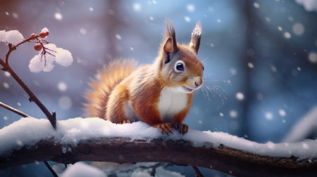 Squirrel sitting on a snow-covered branch in the parkの素材