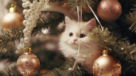 A white fluffy cat is sitting on a Christmas tree, playing with toysの素材