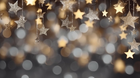 Shiny silver stars in a Christmas and New Year atmosphere on a bokeh background, a place for textの素材