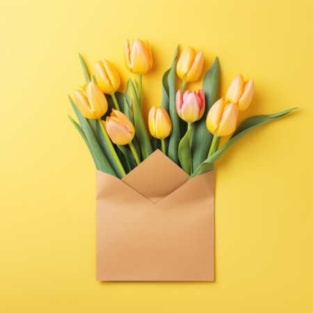 Fresh tulips in a craft envelope on a yellow background, gift conceptの素材
