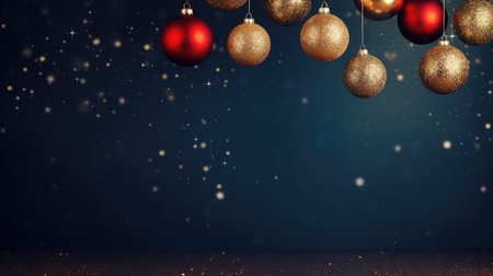 Christmas image with gold and red Christmas balls on a blue backgroundの素材