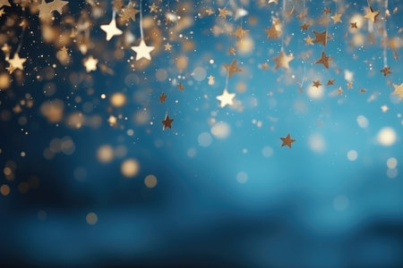 Shiny golden stars in a Christmas and New Year atmosphere on a blue background, a place for textの素材
