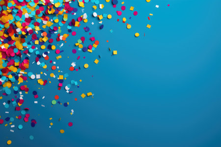 Multicolored confetti on a blue background, a place for textの素材
