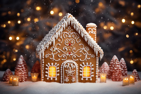 Traditional decorated Christmas gingerbread house with icing on the background of garlands of lightsの素材