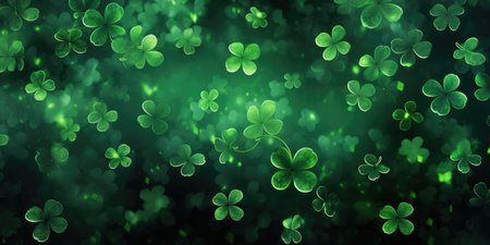 Green background with three-leaf shamrocks and drops of water, happy Irish four-leaf clover is a symbol of the St. Patrick's Day holiday.の素材