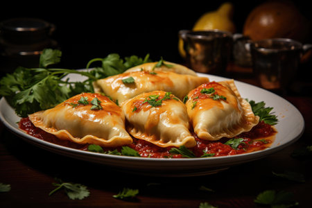 A vegetarian empanada garnished with herbs and served with a dollop of ketchupの素材