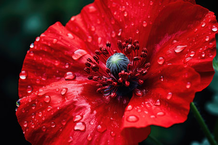 Red poppy with dew drops on the petals close-upの素材