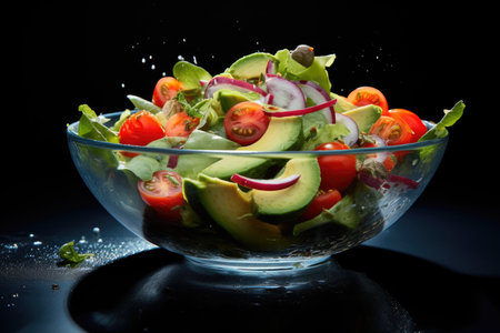 Healthy salad with avocado, cherry tomatoes, cucumber, red onion and lettuce in bowl over dark blue backgroundの素材