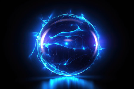 Blue glowing energy ball on black backgroundの素材