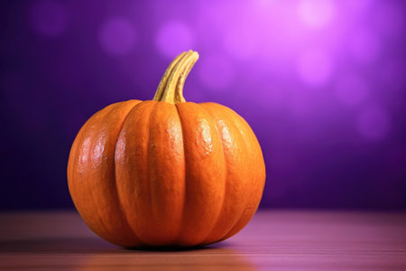 A large orange pumpkin lies on a purple background with drops of water. The concept of preparing for Halloweenの素材