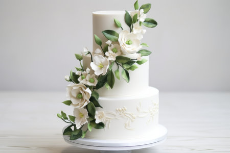 Wedding multilevel cake decorated with eucalyptus and white flowers and budsの素材