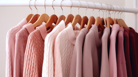 Cozy comfortable pink fashionable wardrobe, knitted cardigans hanging on a hanger on a white backgroundの素材