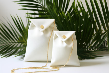 A mock-up of a white fabric bag for jewelry and costume jewelry with costume jewelry on a background of paparazzi leaves, highlighted on a white backgroundの素材