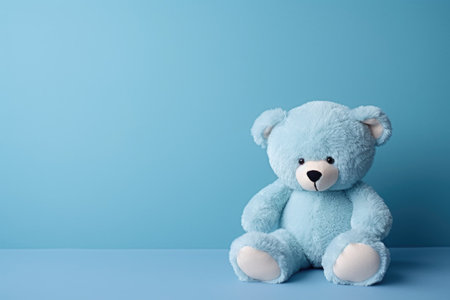 A blue teddy bear sits on a blue background, a place for textの素材