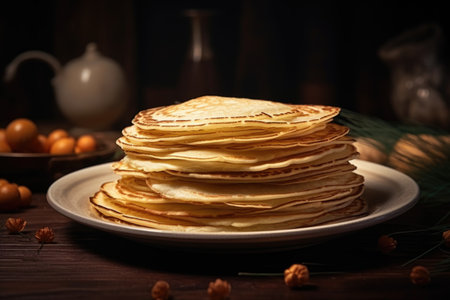 A stack of thin pancakes in a plate on the tableの素材