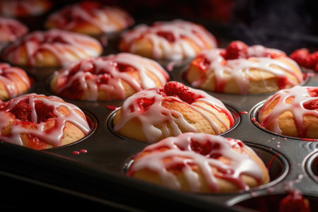 Strawberry muffins in a metal baking dishの素材