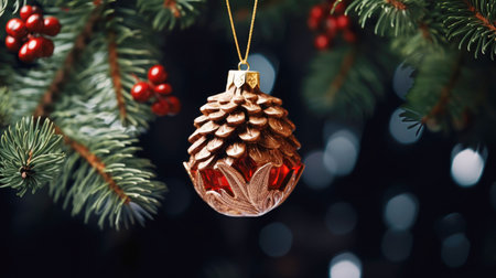 A Christmas tree toy in the form of a cone is hanging on the Christmas treeの素材