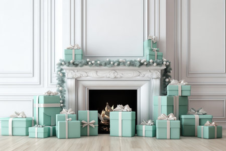 The interior of a white room with a fireplace and mint-colored Christmas giftsの素材