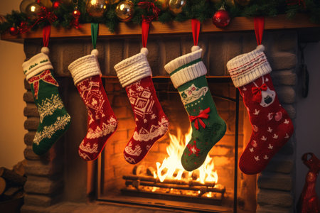 Christmas colorful socks are hanging on the fireplace, a fire is burning in the fireplaceの素材