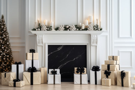 The interior of a white room with a fireplace, a Christmas tree and Christmas gifts in white and black , festive decorの素材