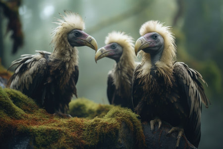 Young vultures are sitting in a nest in the forestの素材