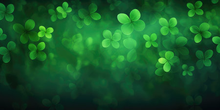 Green background with three-leaf shamrocks and drops of water, happy Irish four-leaf clover is a symbol of the St. Patrick's Day holiday.の素材