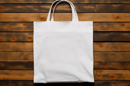 Mock-up of a white cloth bag on a wooden background, recyclable productsの素材
