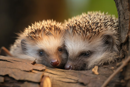Close up of two wild, native European hedgehogs, one adult and one sleeping baby. Hedgehogs, Scientific name: Erinaceus Europaeusの素材