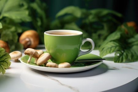 Mushroom coffee in a green cupの素材