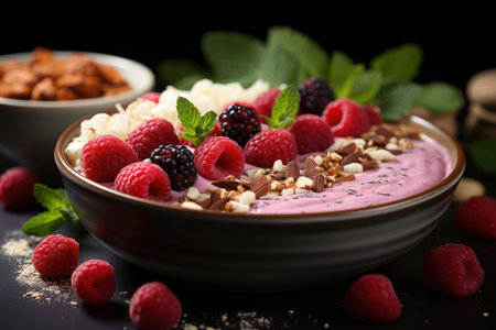 A plate for a berry smoothie with granola and fresh raspberries and blackberries, crushed nuts. The concept of vegan nutritionの素材