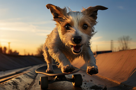 A Jack Russell dog rides a skateboardの素材