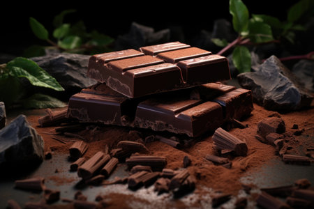 Dark chocolate bar with cocoa powder and cinnamon close-upの素材