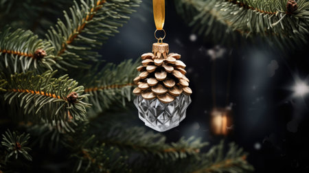 A Christmas tree toy in the form of a cone is hanging on the Christmas treeの素材