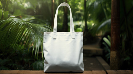 Mock-up of a white fabric bag with tropical plants, a place for textの素材
