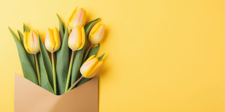 Fresh tulips in a craft envelope on a yellow background, gift conceptの素材