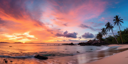 Banner with dawn on the seashore, dawn on the islandの素材