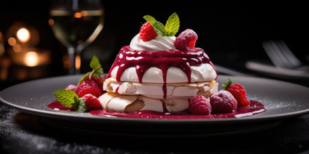 Dessert of protein meringue and berries. Pavlova cake with fresh berriesの素材