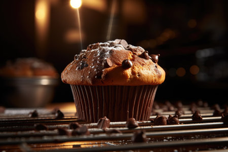 Muffin with chocolate chips and powdered sugar, dessert servingの素材