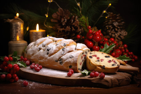 Christmas stollen on a wooden board with decoration for winter holidaysの素材
