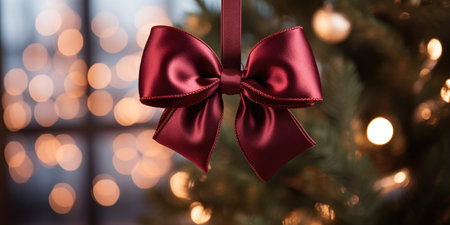 A burgundy bow hanging on a branch of a Christmas tree indoors against a background of bokeh lightsの素材