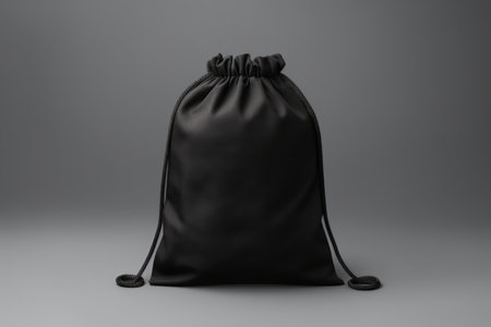 A mock-up of a black drawstring bag highlighted in the background. A small bag made of cotton fabric. Insulated bagの素材