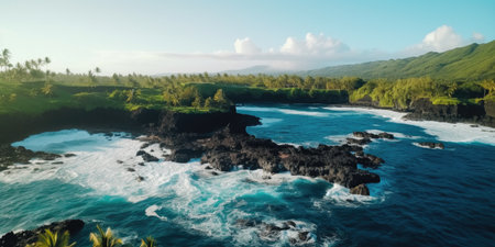 Banner with a rocky shore and waves, background imageの素材