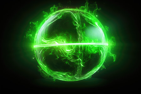 Abstract green energy sphere of particles and waves of magical glowing on a dark backgroundの素材