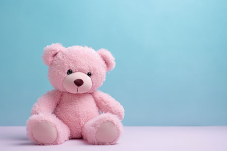 Pink teddy bear sitting on a blue backgroundの素材