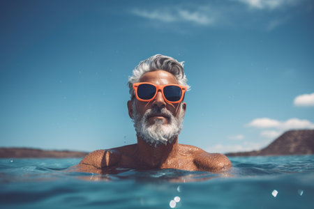 An aged man in sunglasses swims in the clear water of the poolの素材
