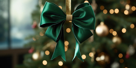An emerald-colored bow hanging on a branch of a Christmas tree indoors against a background of bokeh lightsの素材