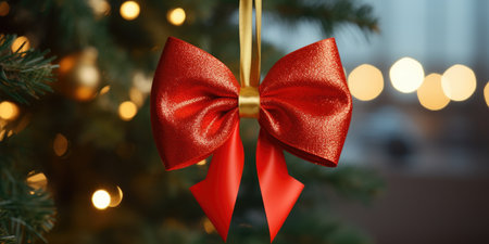 A red bow hanging on a branch of a Christmas tree indoors against a background of bokeh lightsの素材