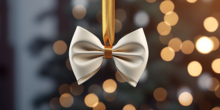 A white bow hanging on a branch of a Christmas tree indoors against a background of bokeh lightsの素材