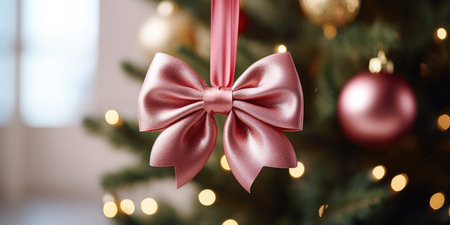 Pink Christmas bow on the Christmas tree close-up, bannerの素材