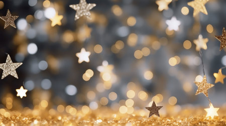 Shiny golden stars in a Christmas and New Year atmosphere on a bokeh background, a place for textの素材